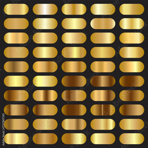 Gold metallic rounded rectangle set pattern shimmering gradients and reflective highlights, creating a luxurious seamless grid collection background ideal for packaging, web design, branding. Vector
