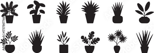 plant pot silhouette, indoor plant vector, black botanical clipart, decorative plants svg, home decor art, house plant design, minimal potted plant, natural greenery graphic, flower pot artwork, leaf 