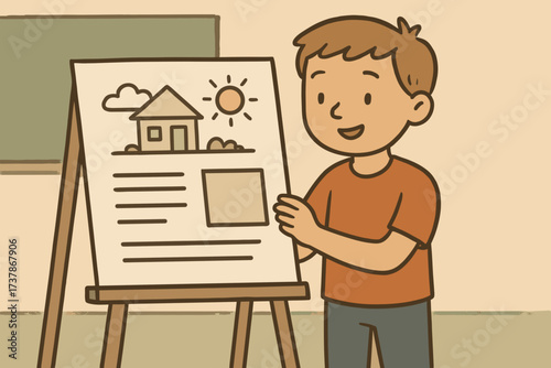 Smiling Boy Holding Drawing of House – Education and Creativity Concept