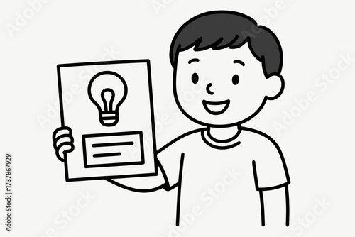 Smiling Boy Holding Drawing of House – Education and Creativity Concept