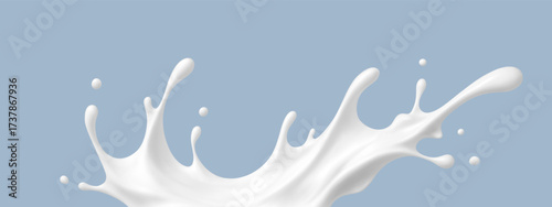 Realistic milk splash on blue background. Vector dairy or cosmetic concept