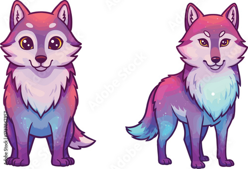 Galaxy wolf illustration, cosmic animal art, vibrant cartoon wolves, fantasy creature design, colorful fur, cute and realistic styles, white background