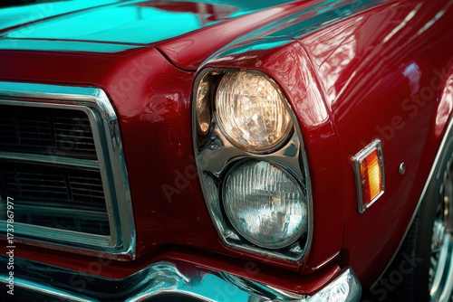 Wet blue vintage car reflecting city lights bokeh.