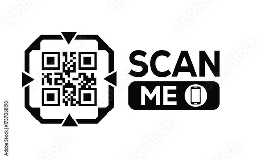 Minimalist black and white QR code icon with 'Scan Me' text on a clean background. Modern design for digital marketing, mobile app, and contactless interaction promotions.