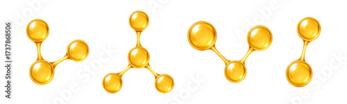 Gold oil molecule set. 3D abstract molecular structures. Vector illustration