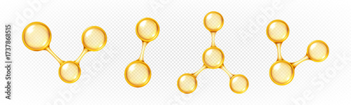 Transparent gold oil molecules. 3D abstract molecular structures. Vector illustration