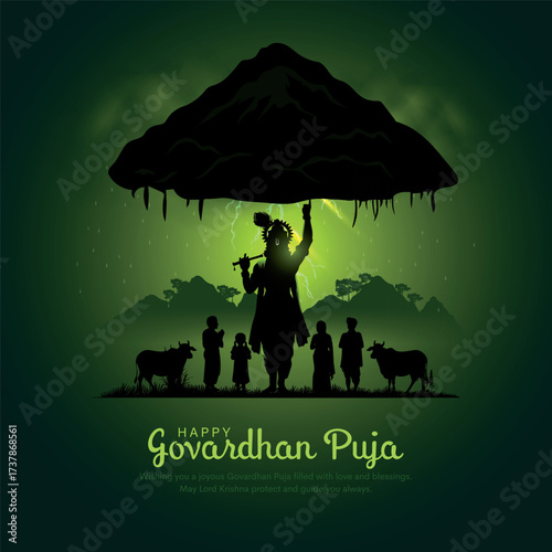 Indian religious festival happy Govardhan Puja Hindu festival Greeting background with Silhouette illustration of Lord Krishna lifting hill.