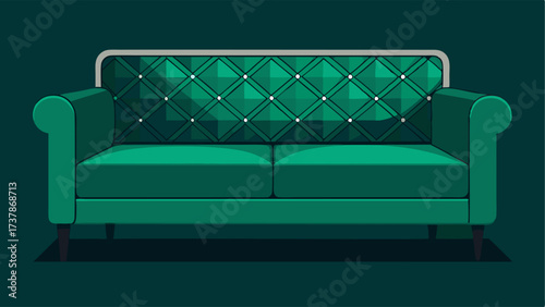 A plush velvet sofa in a deep emerald green hue with geometric patterns etched into the fabric.