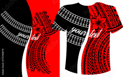 T-shirt Polynesian Tribal Print with Custom Text, Red and White Shirt with Polynesian Tattoo Motif, Samoan, Island, ethnic, traditional, cultural dress design vector, Unique shirt vector, Jersey.