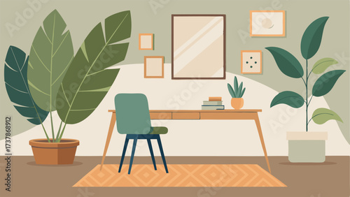 A minimalist yet bohemian office space with a large tropical leaf print wallpaper a jute rug and a potted fiddle leaf fig plant.