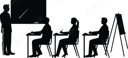 Silhouette classroom training scene, teacher pointing at blackboard, students learning, education concept, seminar, workshop, academic lecture, blank easel