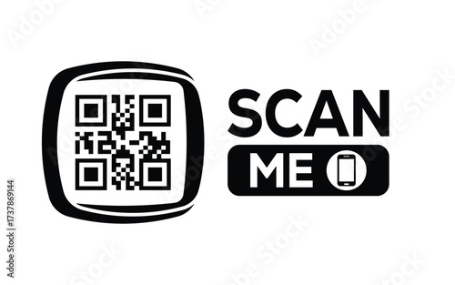 Minimalist black and white QR code icon with 'Scan Me' text on a clean background. Modern design for digital marketing, mobile app, and contactless interaction promotions.