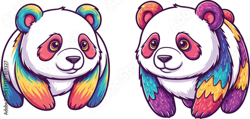 Rainbow cartoon pandas, colorful animal illustration, vibrant fur characters, children’s artwork style, expressive faces, playful design, fantasy panda drawing, white background