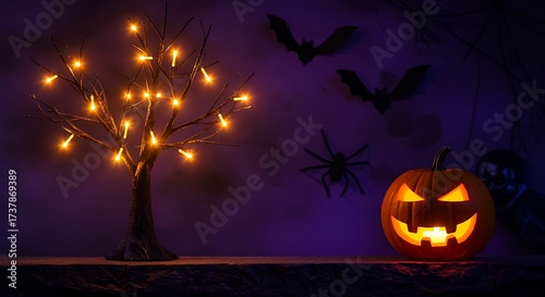 Halloween night with glowing jack o lantern tree and spooky decorations