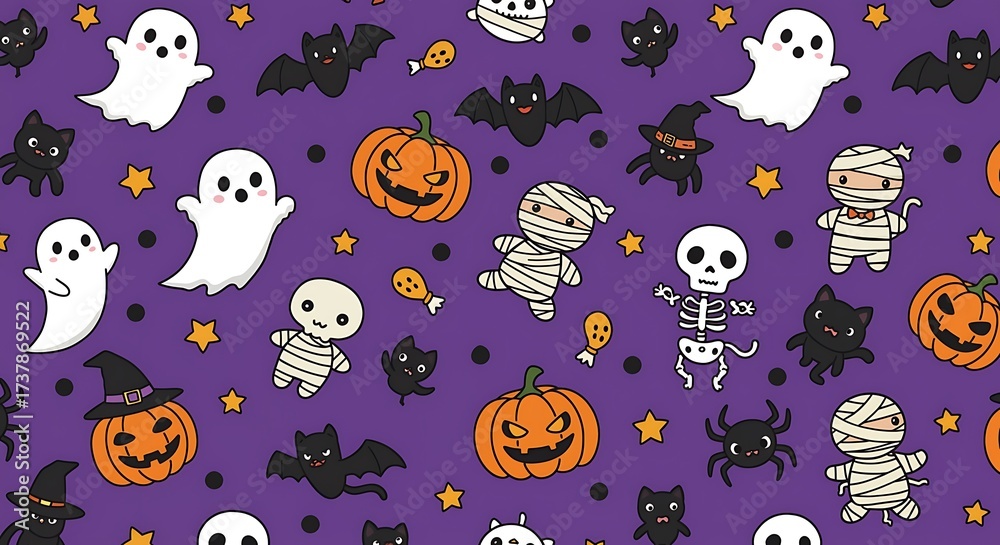 Fototapeta premium Seamless Halloween Pattern with Pumpkins Ghosts Bats and Mummies for Background