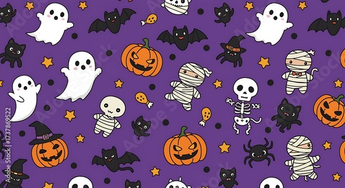 Seamless Halloween Pattern with Pumpkins Ghosts Bats and Mummies for Background