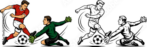 Flat vector of a soccer striker shooting while goalkeeper dives to block the intense duel colored and outlined only for coloring book