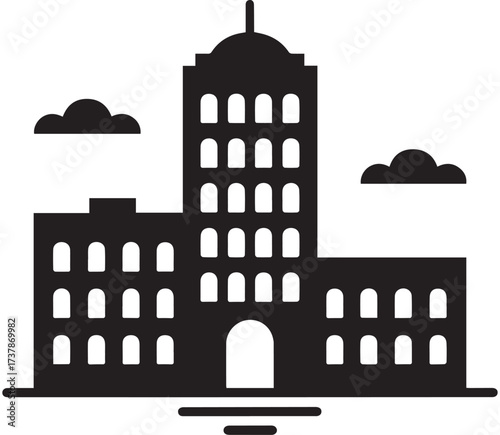 Black Silhouette of a Contemporary Multi- Story Building with Tree