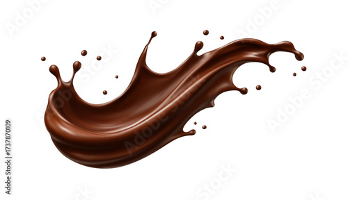 Realistic chocolate splash with drops. Dessert and confectionery concept. Vector illustration