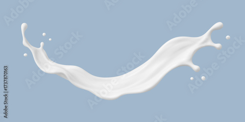 Realistic milk splash wave on blue background. Vector dairy concept