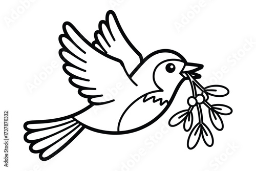 Dove carrying mistletoe in its beak isolated on white background