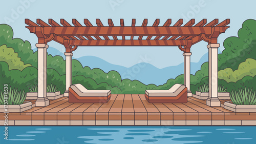 Illustration of a poolside scene with a pergola, lounge chairs, and lush green trees in the background