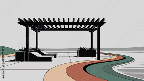 Illustration of a modern pergola with lounge chairs and a winding path near a body of water