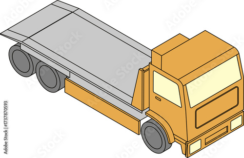 Isometric illustration of a flatbed truck with orange cabin and gray trailer
