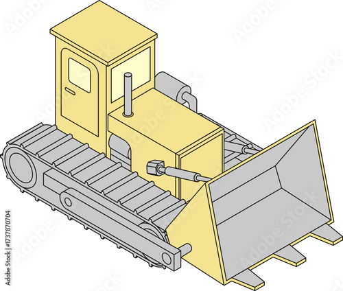 Isometric yellow bulldozer illustration on black background shows construction equipment