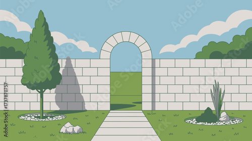 A cartoon garden scene with a stone wall archway leading to a green field under a cloudy blue sky