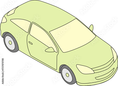 Illustration of a light green hatchback car in an isometric perspective view