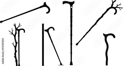 Walking cane silhouette, unique stick design, vintage support tool, ergonomic handle, black vector, mobility aid, medical accessory, isolated illustration, editable graphic