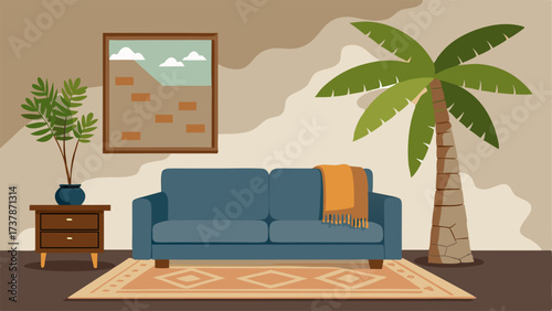 A living room with a large indoor palm tree stone accents and a colorful tapestry on the wall.