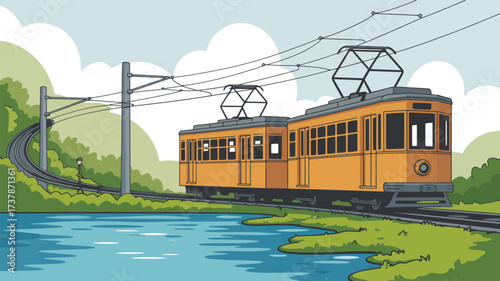 A cartoon illustration of a yellow tram moving along a track near a body of water and greenery around it