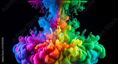 Vibrant colorful ink swirls and clouds exploding against a dark black background