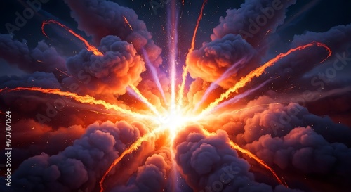 Vibrant cosmic explosion depicting intense energy and dramatic fiery atmospheric phenomena