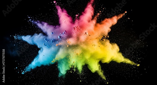Vibrant explosion of colorful powder bursting against a deep black background