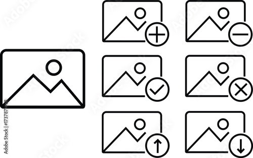 Gallery edit icons set in black line styles. Photo image add, remove, approve, reject, upload and download vectors illustration. Picture editing symbols graphic designs for media interface.