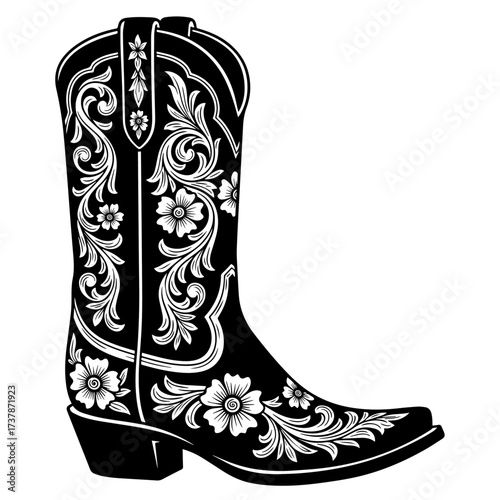 Ornate white floral filigree gracefully adorns the bold, black silhouette of a classic Western cowboy boot. Vector Illustration.