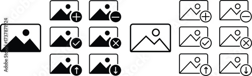 Gallery edit icons set in black flat and line styles. Photo image add, remove, approve, reject, upload and download vectors illustration. Picture editing symbols graphic designs for media interface.