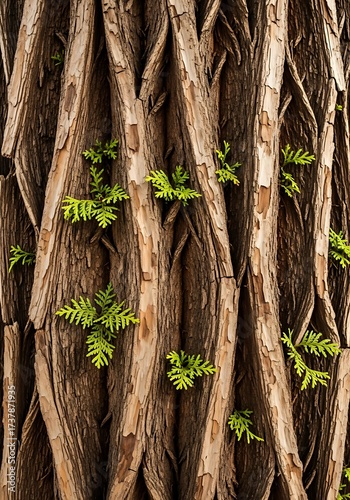 Close Up of Twisted Tree Trunk with New Growth.