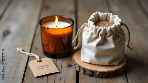 Eco-friendly candle in amber glass jar.

