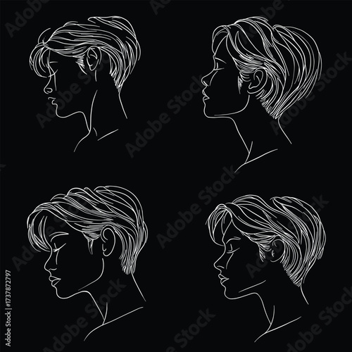 Collection of four minimalist line art sketches of female profiles with short hair. Elegant illustration for fashion and beauty projects