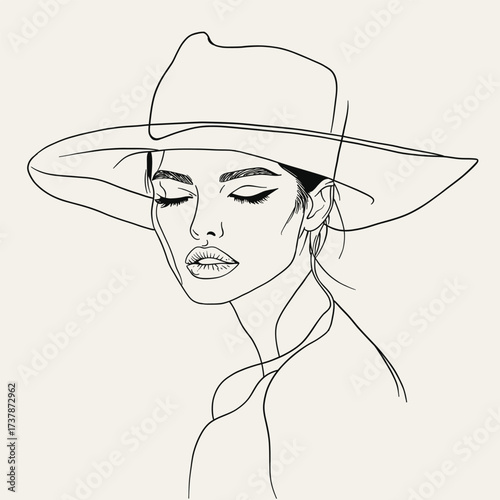 Elegant line drawing of a woman wearing a wide hat. Perfect for fashion, lifestyle and editorial projects