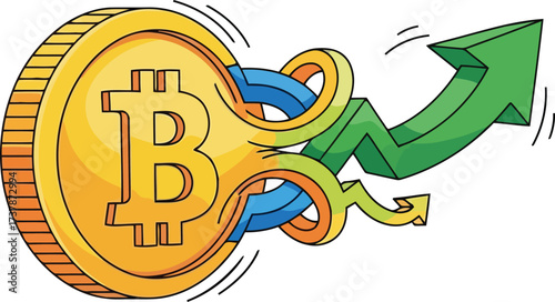 Vector art of bitcoin with growing arrow showing price increase