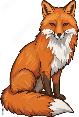 Red fox illustration, sitting pose, bushy tail, orange fur, white chest, forest animal, realistic artwork, calm expression, nature wildlife concept