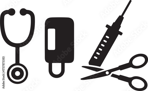 WebBlack and White Doctor Tools Icons – Stethoscope, Otoscope, Scalpel, Bandage Roll, Pill Blister Pack – Minimal Flat Medical Symbol Set