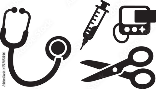WebBlack and White Doctor Tools Icons – Stethoscope, Otoscope, Scalpel, Bandage Roll, Pill Blister Pack – Minimal Flat Medical Symbol Set