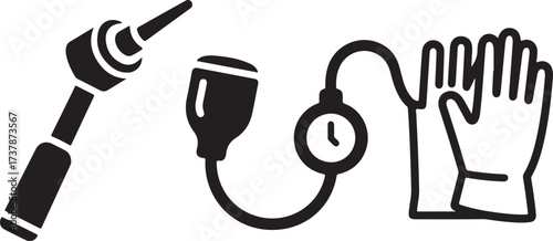 WebBlack and White Doctor Tools Icons – Stethoscope, Otoscope, Scalpel, Bandage Roll, Pill Blister Pack – Minimal Flat Medical Symbol Set
