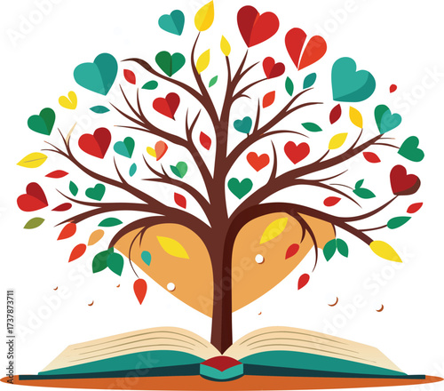 Open book with tree bearing heart shaped leaves illustration